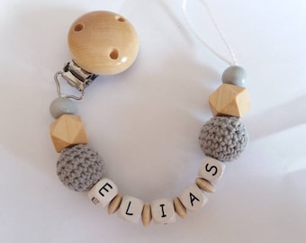 Pacifier necklace with name in grey/nature with crochet bead and hexagon, gift for birth