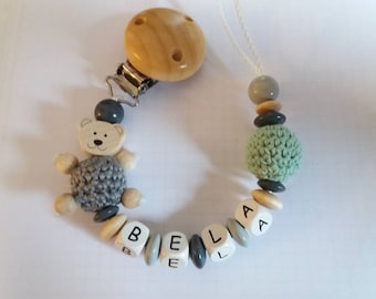 Schnullerkette mit Name in Grau/Mint mit Bär und Häkelperle, Geschenk zur Geburt