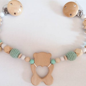 Kinderwagenkette mit Bär, in Mint/Holz für Jungen und Mädchen Mit Holzbär Bild 3