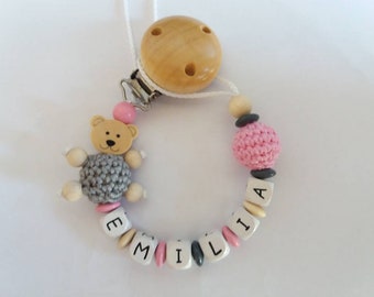 Pacifier chain with name in gray/pink with bear and crochet bead, gift for a birth