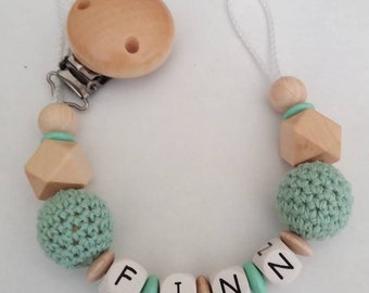 Pacifier necklace with name in mint with crochet bead and hexagon, gift for birth