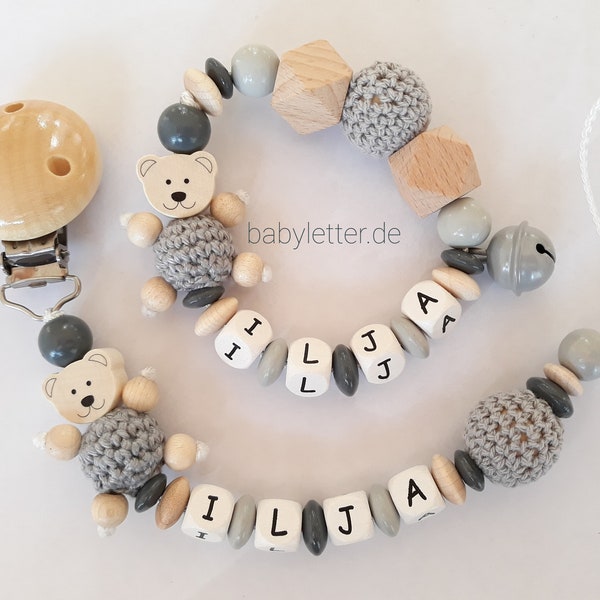 Schnullerkette mit Name in verschiedenen Farben mit Bär und Häkelperle, Geschenk zur Geburt