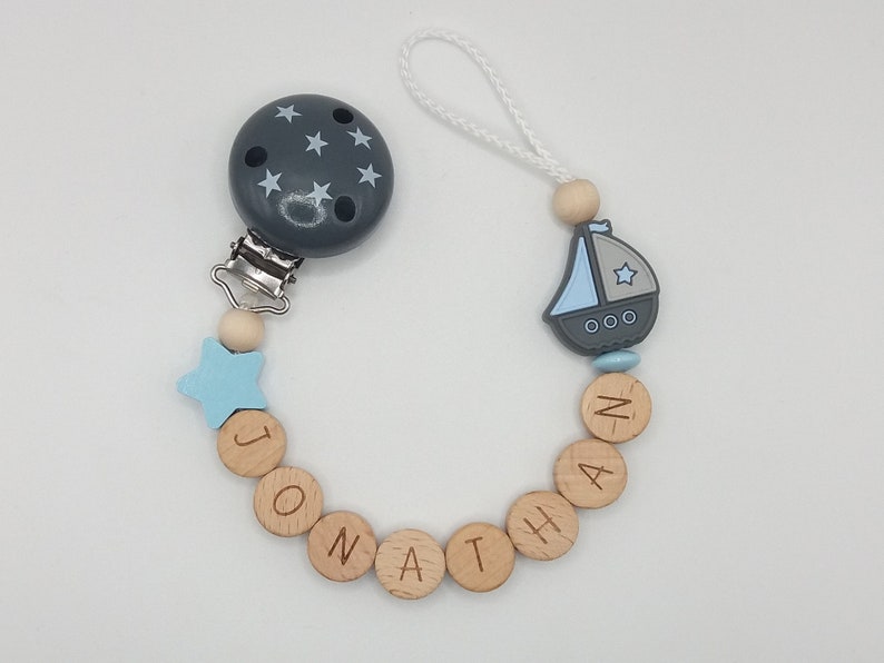 Pacifier chain with name, stars and boat image 2