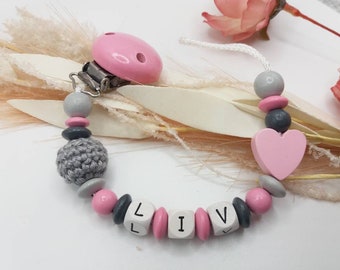 Pacifier necklace with name in grey/pink with heart and crochet bead, gift for birth