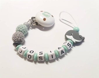 Pacifier necklace with name in mint and grey with whale and crochet beads, gift for birth