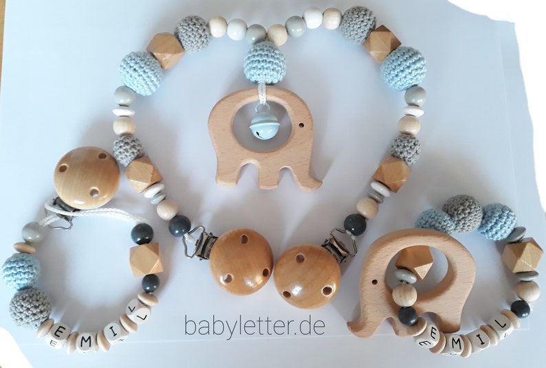 Großes Set aus Kinderwagenkette, Schnullerkette und Greifling mit Elefant und Häkelperlen für Jungen und Mädchen Bild 3