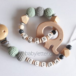 Schnullerkette mit Name und Greifling mit Name in verschiedenen Farben mit Hexagon und Häkelperlen, Geschenk zur Geburt, Set oder einzeln Bild 1