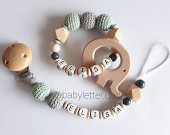 Pacifier chain with name and grasping toy with name in different colors with hexagon and crochet beads, gift for a birth, set or individually