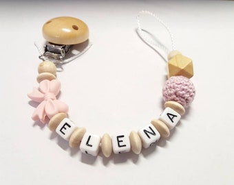 Pacifier necklace with name in pink with bow and crochet bead, gift for birth