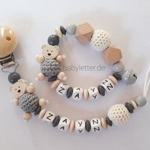 Pacifier chain with name in different colors with bear and crochet bead, gift for a birth