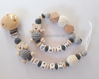 Pacifier chain with name in different colors with bear and crochet bead, gift for a birth