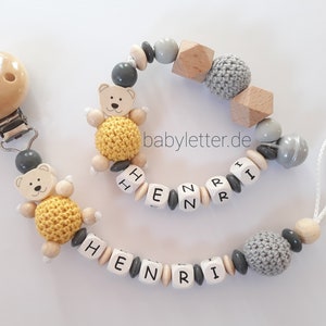 Schnullerkette mit Name in verschiedenen Farben mit Bär und Häkelperle, Geschenk zur Geburt Żółty