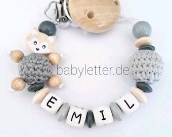 Schnullerkette mit Name in verschiedenen Farben mit Fuchs und Häkelperle, Geschenk zur Geburt