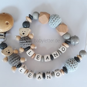 Schnullerkette mit Name in verschiedenen Farben mit Bär und Häkelperle, Geschenk zur Geburt Niebieski