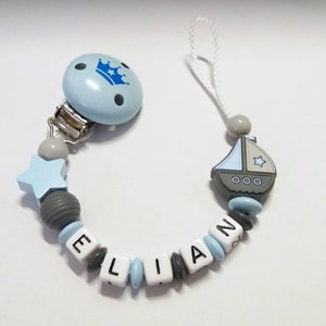 Pacifier chain with name in blue with sailboat and star, gift for birth