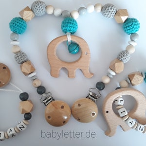 Großes Set aus Kinderwagenkette, Schnullerkette und Greifling mit Elefant und Häkelperlen für Jungen und Mädchen Bild 4