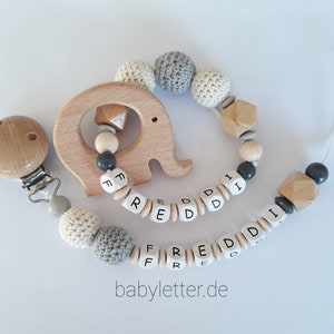 Schnullerkette mit Name und Greifling mit Name in verschiedenen Farben mit Hexagon und Häkelperlen, Geschenk zur Geburt, Set oder einzeln Creme