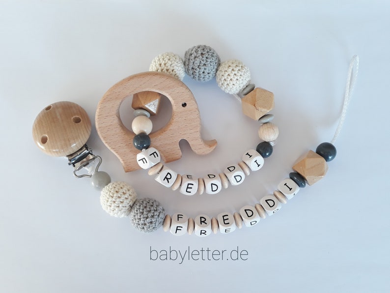 Schnullerkette mit Name und Greifling mit Name in verschiedenen Farben mit Hexagon und Häkelperlen, Geschenk zur Geburt, Set oder einzeln Creme