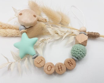 Dummy chain with name, pacifier chain in mint with crochet beads, silicone star and hexagon, gift for birth