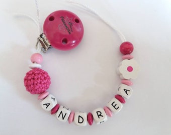 Pacifier necklace with name in pink/pink with flower and crochet bead, gift for birth
