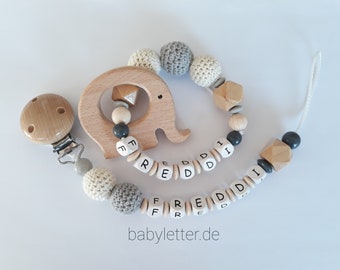 Pacifier chain with name and grasping toy with name in different colors with hexagon and crochet beads, gift for a birth, set or individually