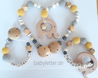 Large set of stroller chain, pacifier chain and gripping toy with elephant and crochet beads for boys and girls