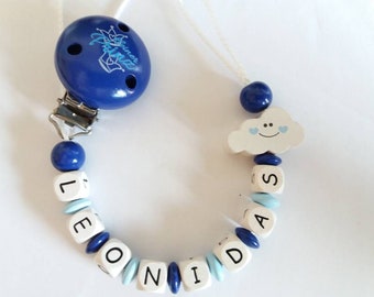 Pacifier chain with name in blue with cloud and little prince clips, gift for a birth