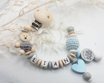 Pacifier chain with name in grey/light blue with bear, heart and "Aren't I sweet?", gift for birth