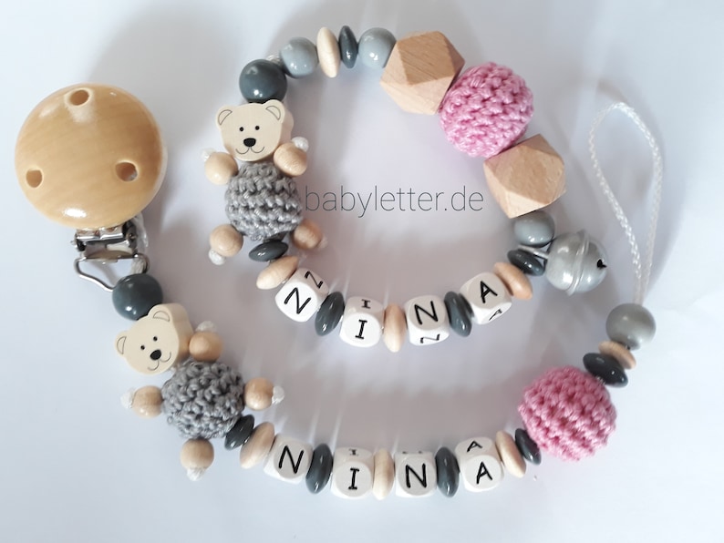 Schnullerkette mit Name in verschiedenen Farben mit Bär und Häkelperle, Geschenk zur Geburt Rosa