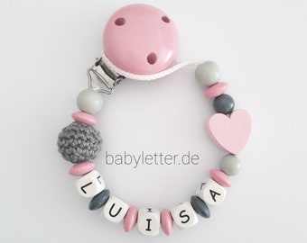 Pacifier chain with name in pink and gray with heart and crochet bead, gift for a birth
