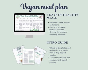 7 day vegan meal plan and shopping list bundle | Printable meal plan and shopping list | Plant-based diet