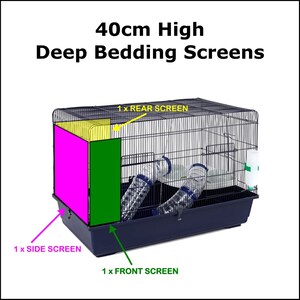Op de afbeelding: Een 40 cm hoge kooi met een roze, groene en gele bedding screen. De kooi heeft een blauwe basis en een zwart draadgaas bovenkant. De tekst "1 x REAR SCREEN", "1 x SIDE SCREEN" en "1 x FRONT SCREEN" is zichtbaar.