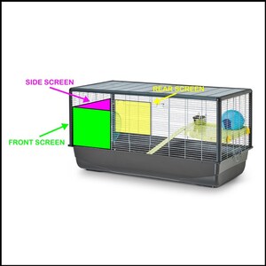 May include: A black metal cage with a green, yellow, and purple plastic accessory. The cage has a front, side, and rear screen.  The cage is designed for small pets like hamsters or gerbils.