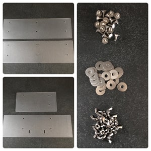 May include: Four clear plastic plates with holes, a pile of silver metal washers, a pile of silver metal screws, and a pile of silver metal hooks.