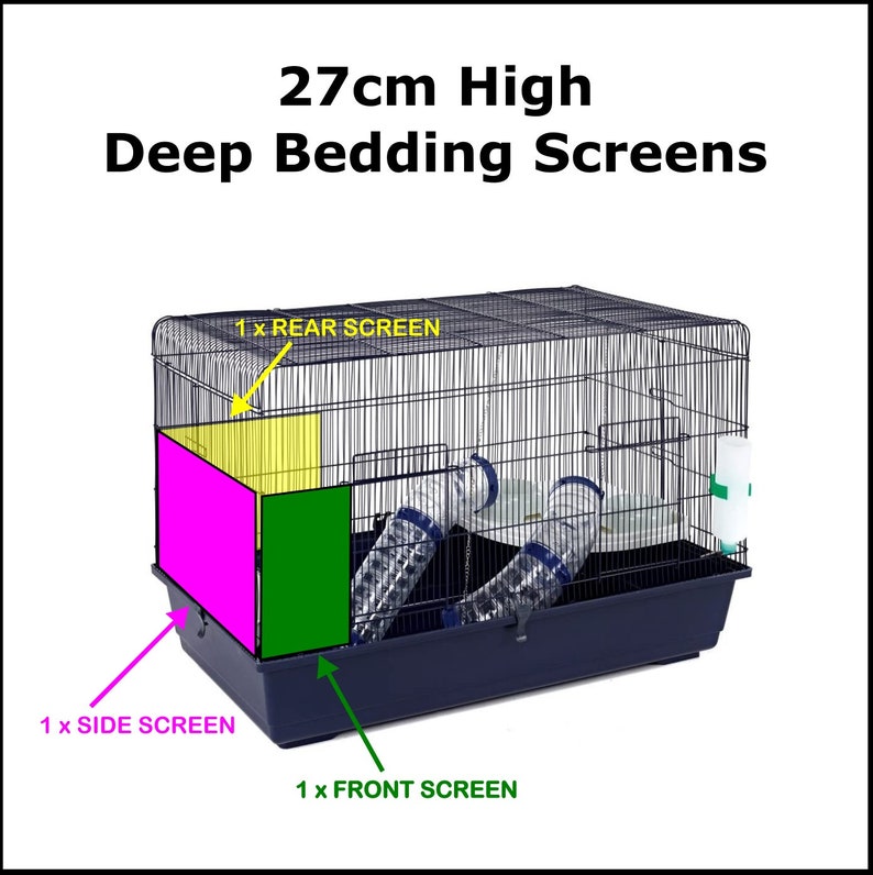 Op de afbeelding: Een zwarte draadkooi met een blauwe basis en een doorzichtige plastic waterfles. De kooi is 27 cm hoog en heeft drie diepe bedding schermen: een roze, een groene en een gele. De tekst "1 x REAR SCREEN", "1 x SIDE SCREEN" en "1 x FRONT SCREEN" staat op de afbeelding.
