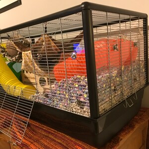 May include: A black wire cage with a red and white plastic tube, a yellow tube, and a wooden platform. The cage is filled with colorful bedding.