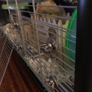 May include: Close-up of a silver metal cage clip with a round base and a small knob. The clip is attached to a wire cage.