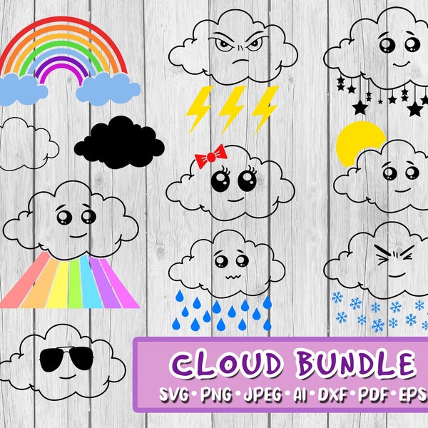 Cloud SVG, Bundle of 11, Digital Download, Svg, Jpeg, Png, Dxf, Eps, Ai, PDF, Clouds, Rain, Lightning, Rainbow, Stars, Cute Clouds