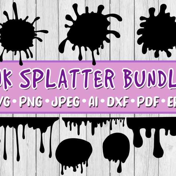 Ink Splatter SVG Bundle, Bundle of 8, Digital Download, Svg, Jpeg, Png, Dxf, Eps, Ai, PDF, Drips, Dots, Paint, Liquid, Splashes, Blots