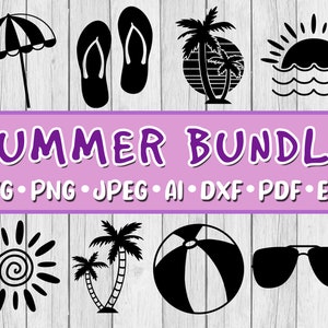 Sommer SVG Bundle, 8er Bundle, digitaler Download, SVG, Jpeg, Png, Dxf, Eps, Ai, PDF, Urlaub, Strand, Palme, Sonnenschirm, Sonne, Flip Flops