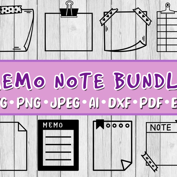 Memo Note SVG Bundle, Bundle of 8, Digital Download, Cricut, Svg, Jpeg, Png, Dxf, Eps, Ai, PDF, Binder Clip, Paperclip, To Do List, Notes