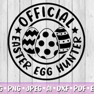 May include: Black and white graphic design of a circle with the text "Official Easter Egg Hunter" and three stylised eggs inside the circle.