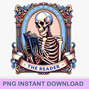 Der Leser PNG, digitaler Download, Sublimation, T-Shirt, Hoodie, Becher, Becher, Geschenk, Skelett, Kartenrahmen, Reading, Bücher, Bücherwurm