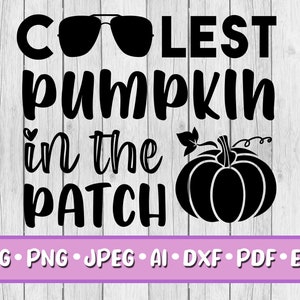 May include: Black and white graphic design with the text "Coolest Pumpkin in the Patch" and a pumpkin wearing sunglasses. The graphic design is suitable for use as a digital download for crafting projects.