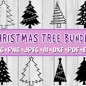 May include: A collection of eight Christmas tree designs in black and white, with various styles including outlines, solid silhouettes, and decorated versions. The text "CHRISTMAS TREE BUNDLE" is displayed above file type icons.
