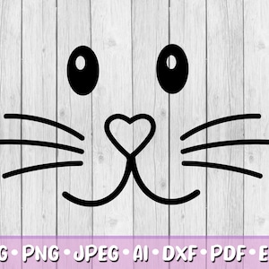 May include: Black and white graphic of a bunny face with oval eyes, whiskers, and a heart-shaped nose. The design is on a light wood grain background. The bottom of the image includes the text: SVG, PNG, JPEG, AI, DXF, PDF, EPS.