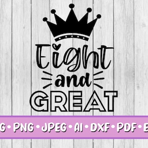 Pu&ograve; includere: Grafica in bianco e nero con una corona e il testo "Eight and Great".