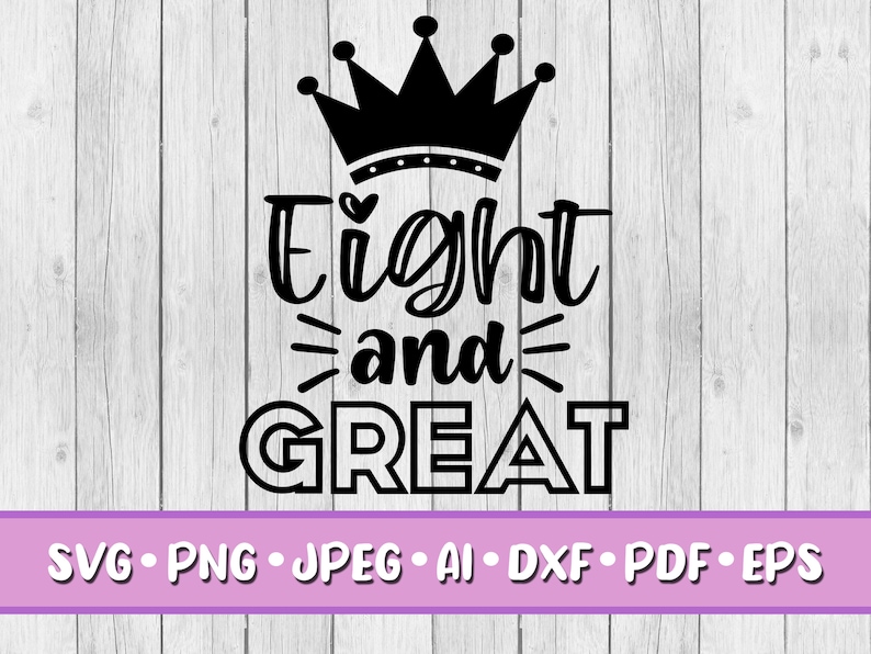 Pu&ograve; includere: Grafica in bianco e nero con una corona e il testo "Eight and Great".