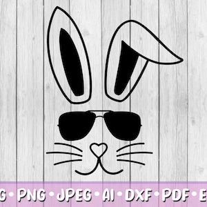 クールなウサギの顔 SVG、デジタル ダウンロード、SVG、Jpeg、Png、Dxf、Eps、Ai、イースター バニー クリップアート、イースター、ウサギの顔、かわいい、ハッピー イースター、シェード