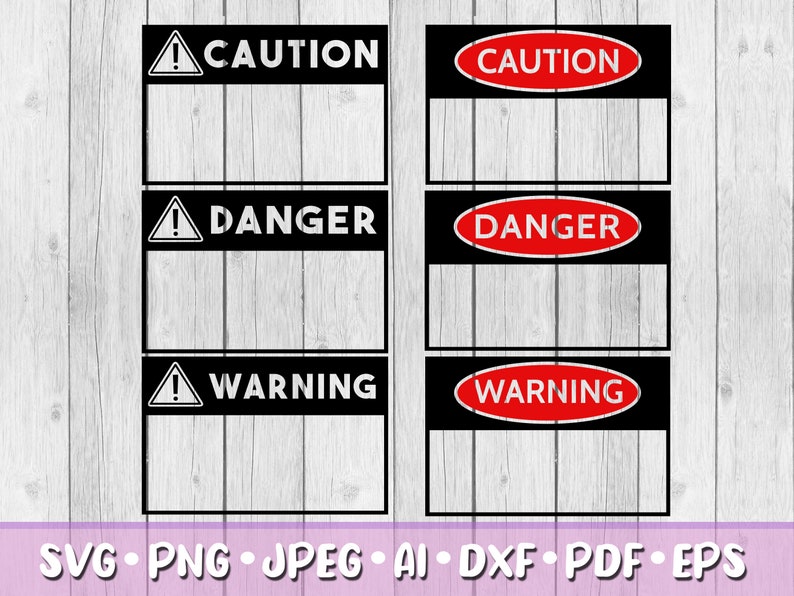 May include: Three black and white warning signs with red text. The signs read "Caution", "Danger", and "Warning".